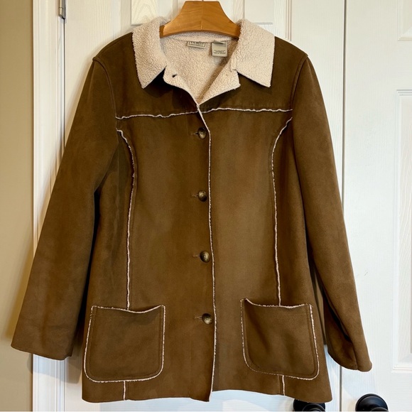 L.L. Bean Faux Suede Sherpa Lined Coat Jacket, Brown Button Up Women's Large - Picture 2 of 11